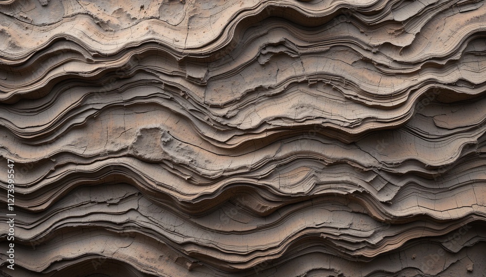 Poster Earthy Texture Waves. Geological Strata Pattern. Sediment Layers of Gray and Brown. Natural Undulating Surface. Rock Erosion Details. Passage of Time. Evokes Natural Formation...