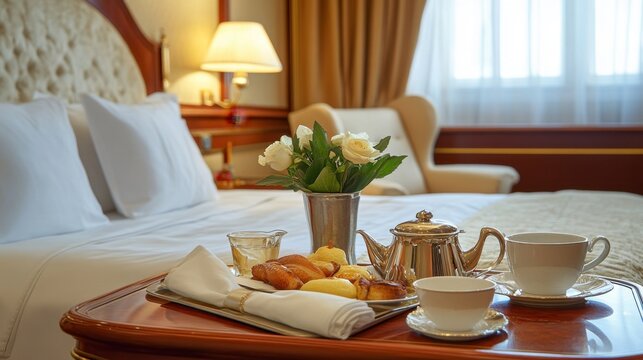 Five-star hotel room service setup with a luxury meal, fresh flowers, and a folded napkin.
