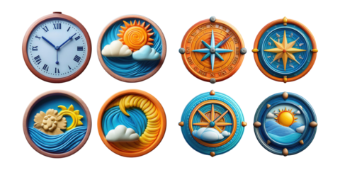Decorative Clocks with Nautical and Nature Themes, PNG collection, set bundle, isolate on transparent or white background