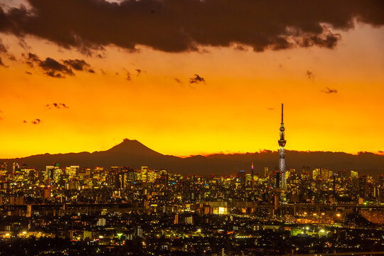 Dusk hour of Greater Tokyo,  Mt. Fuji and SkyTree Tower landmark, Beautiful atmosphere of Tokyo in the evening