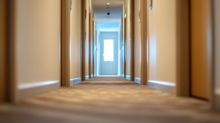 Freshly vacuumed hallway with bright natural light and elegant hotel furnishings.