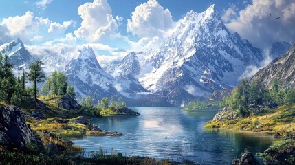 Fototapeta premium Breathtaking mountain lake surrounded by snow-capped peaks and lush greenery under a bright blue sky. Nature, serenity, alpine landscape, wilderness, peaceful scenery, untouched beauty. Generative AI