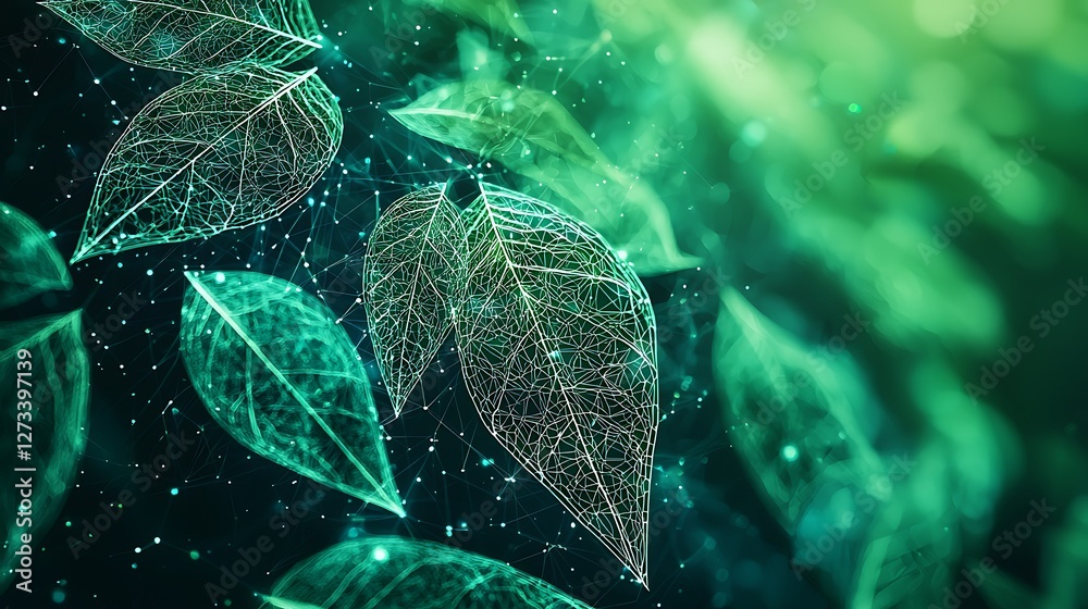 Aufkleber network of digital leaves connected to a virtual system, green and abstract background