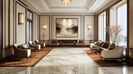 Fototapeta premium Grand hotel lobby with marble flooring, artistic decor, and a luxurious waiting area.