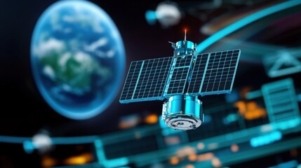 Satellite orbiting earth outer space digital art futuristic environment aerial view technology advancement
