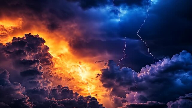 Dramatic storm clouds with vibrant lightning display illuminating the sky at dusk