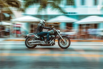 Fototapeta premium dynamic action shot of a motorcyclist speeding through the streets, captured in motion with a blurred background, showcasing the thrill and freedom of riding
