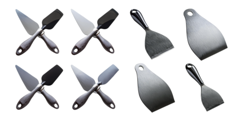 Collection of metal spatulas and scrapers with wooden handles, perfect for baking and kitchen tasks, isolated on transparent background.