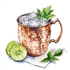 Moscow mule cocktail in a copper mug with ice cubes, lime slices, and mint leaves. Watercolor illustration of a refreshing drink. Hand-painted beverage art on white background