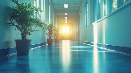 A peaceful hospital corridor with sunlight streaming through the windows