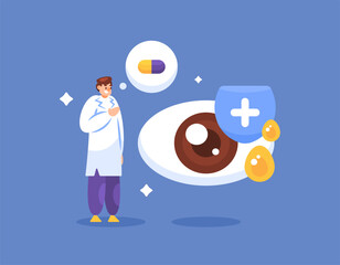 concept of maintaining eye health and vision. eye health vitamins and supplements. illustration of an eye specialist or Ophthalmologist checking eye health and condition. flat style design. elements
