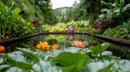 Serene Garden Pond with Colorful Water Lilies and Lush Greenery