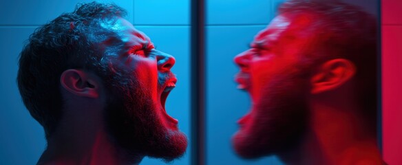 Man with beard screaming at his reflection in a dramatic lit bathroom with red and blue lighting