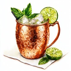 Moscow mule cocktail in a copper mug with ice cubes, lime slices, and mint leaves. Watercolor illustration of a refreshing drink. Hand-painted beverage art on white background