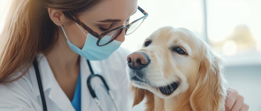 Young veterinarian comforts anxious golden retriever in a cozy clinic setting with warm lighting