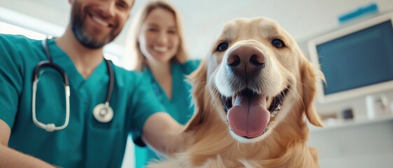 Veterinarian interacting with a golden retriever in a modern, welcoming clinic environment