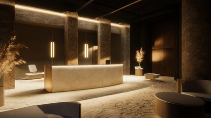 Hotel lobby with a luxurious reception desk, warm lighting, and plush seating.