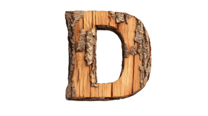 Wooden Rustic Letter D Carved in Bark Texture as Natural Typography