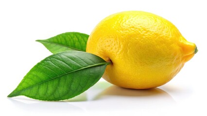 Crisp HD stock image: a single lemon with leaf, isolated on white. Perfect for food photography or citrus-themed designs.