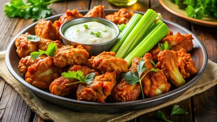 Fototapeta premium Crispy chicken wings, vibrant celery sticks, and fiery sauce in a panoramic feast.