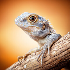 Fototapeta premium A close-up portrait of a vibrant and colorful lizard perched on a wooden surface. The detailed texture of the scales and the warm lighting add personality and charm to the reptile.