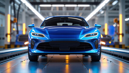 Obraz premium A vibrant blue electric car sits on a cutting-edge assembly line, reflecting innovation and automotive design.