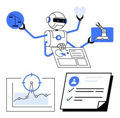 Robot performing tasks with icons of justice, healthcare, robotics, analytics charts, and a checklist. Ideal for AI, law, healthcare, robotics automation data analysis productivity concepts