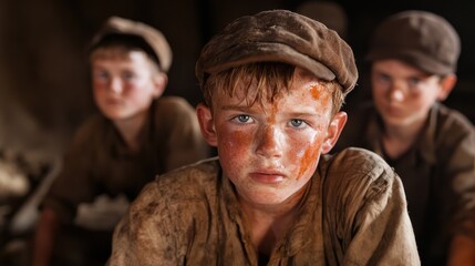 Fototapeta premium A group of young boys with dirty faces display expressions of resilience and hardship as they huddle together in a dimly lit environment reflecting their struggles.