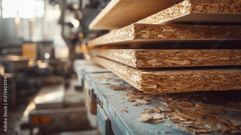 Aufkleber Stack of oriented strand board sheets in wood factory