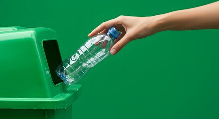 Hand Recycling a Plastic Bottle into a Green Bin, Symbolizing Sustainability and Responsible Waste Management