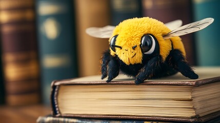 Stuffed bee lying on a stack of books playful study theme