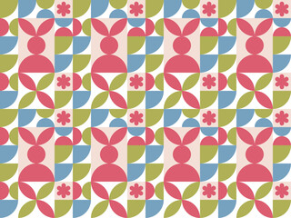 Easter spring pattern in a modern style. Seamless colorful pattern with Easter elements, bunny and eggs. Design for wrapping paper, cards and posters.