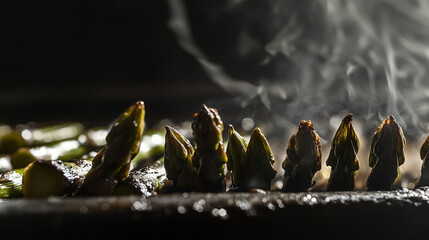 Smoked asparagus tips on a grill. Close-up of steaming and roasted vegetables with dark, moody lighting