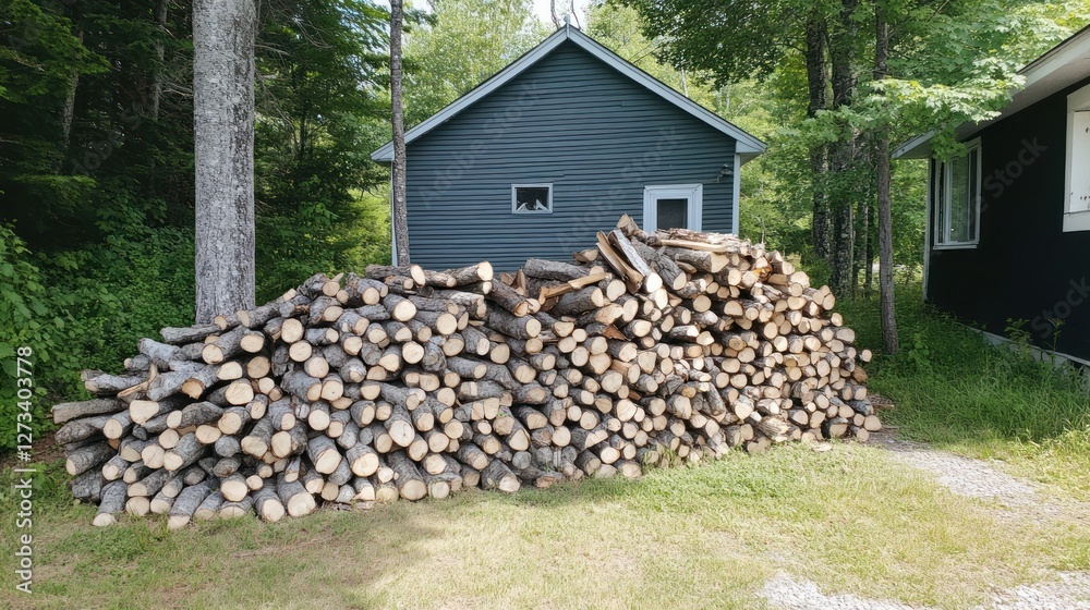 Poster stacked firewood logs sit in front of a small building
