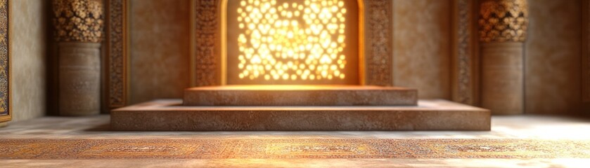 Ornate islamic architecture features a platform bathed in golden light