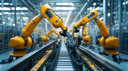 Robotic arm factory line vector illustration, robot technology of production assembly on conveyor belt. Robotics concept. Modern manufacturing equipment. Futuristic industry machine. Automatic device.