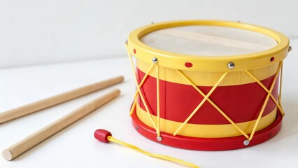 Red and Yellow Toy Drum with Sticks on White Background