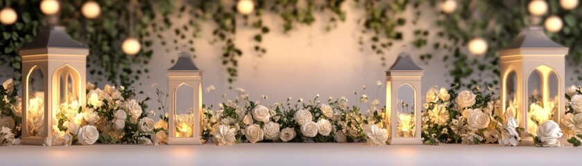Elegant wedding decor featuring lanterns roses and soft lighting