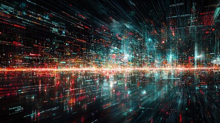 Fototapeta premium Abstract digital city landscape with glowing lines and data streams.