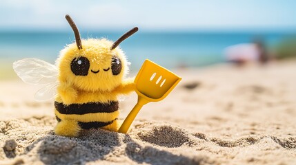 Obraz premium Stuffed bee toy holding a small beach shovel footprints in the sand