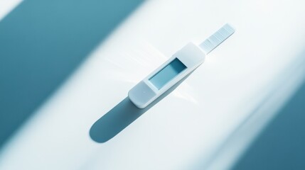 A glucose testing device with a clean test strip inserted. Featuring health awareness