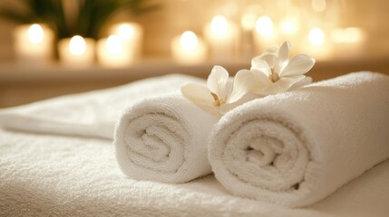 Luxury spa treatment room with soft towels, candles, and calming hues.