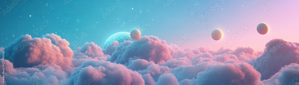 Poster pastel clouds and celestial bodies float in a serene landscape