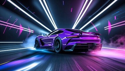 A stunning purple sports car races through a vibrant tunnel filled with neon light and swirling smoke.