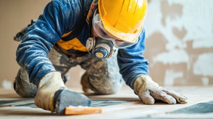 Construction worker smoothing cement on the floor wearing safety gear