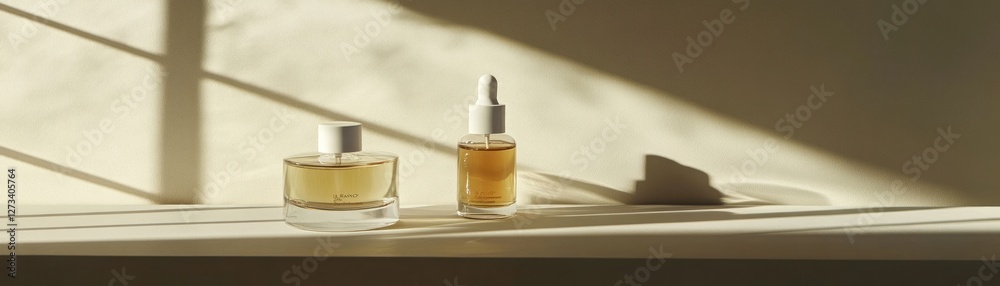 Poster two bottles of amber liquid are displayed in soft sunlight