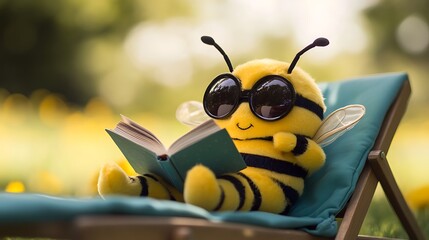 Stuffed bee toy lying on sun lounger holding a tiny book and wearing sunglasses
