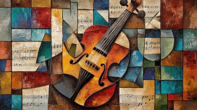 Abstract painting depicts a violin over colorful geometric patterns