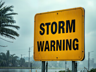A hazard sign sticking out of floodwaters under a heavy storm sky, representing severe weather. Generative AI