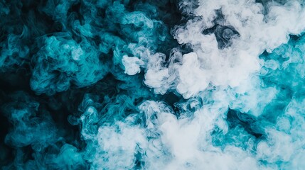 A mesmerizing blend of teal and white smoke swirls, creating an abstract, ethereal atmosphere.